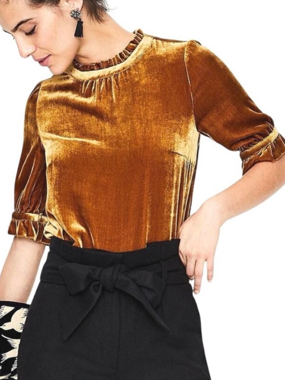 Boden Velvet Blouse Top Shirt Gold Mustard color cozy fall size 6 silk blend
